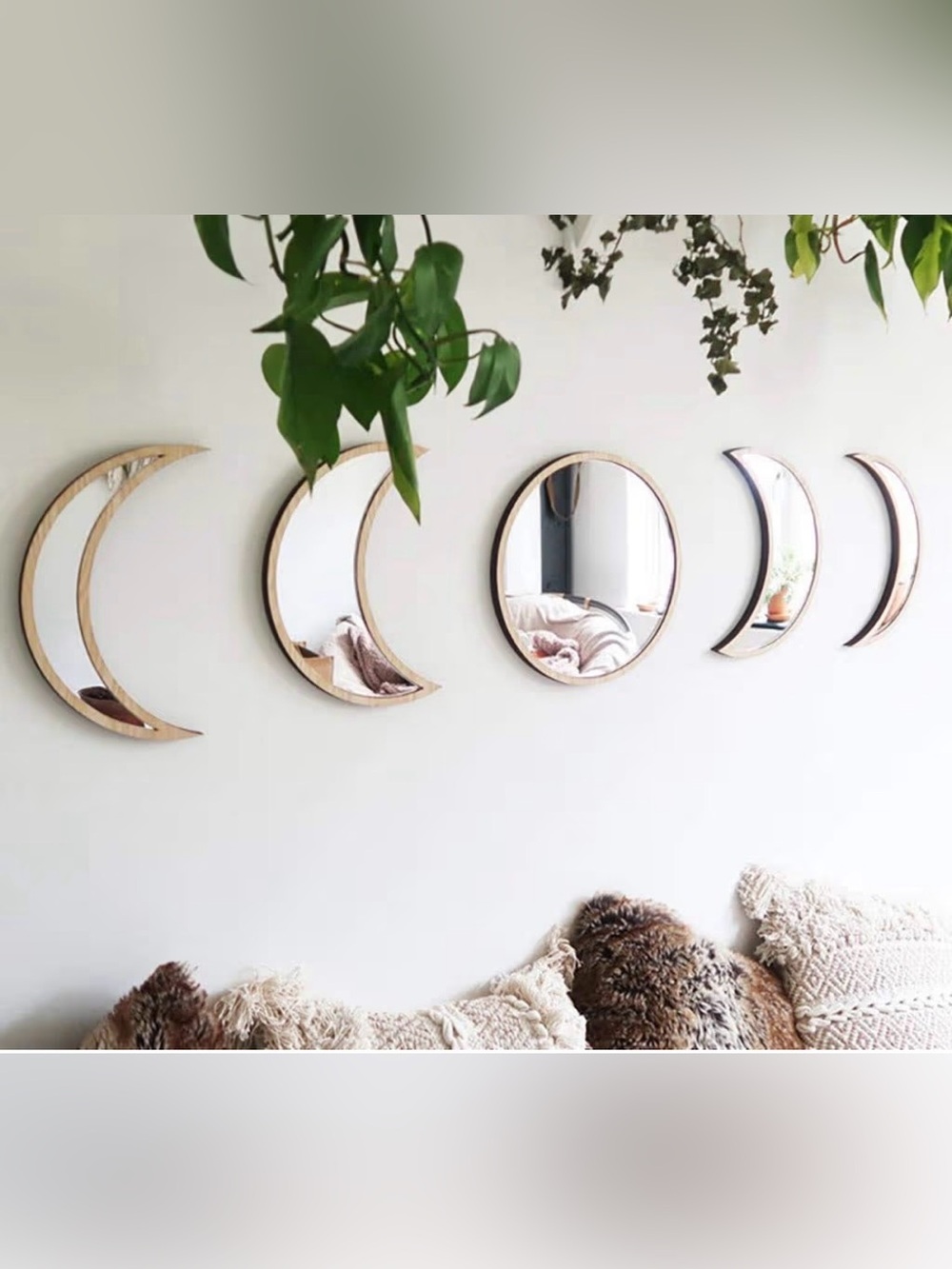 Moon Phase Wall Mirror Set in Natural Wood